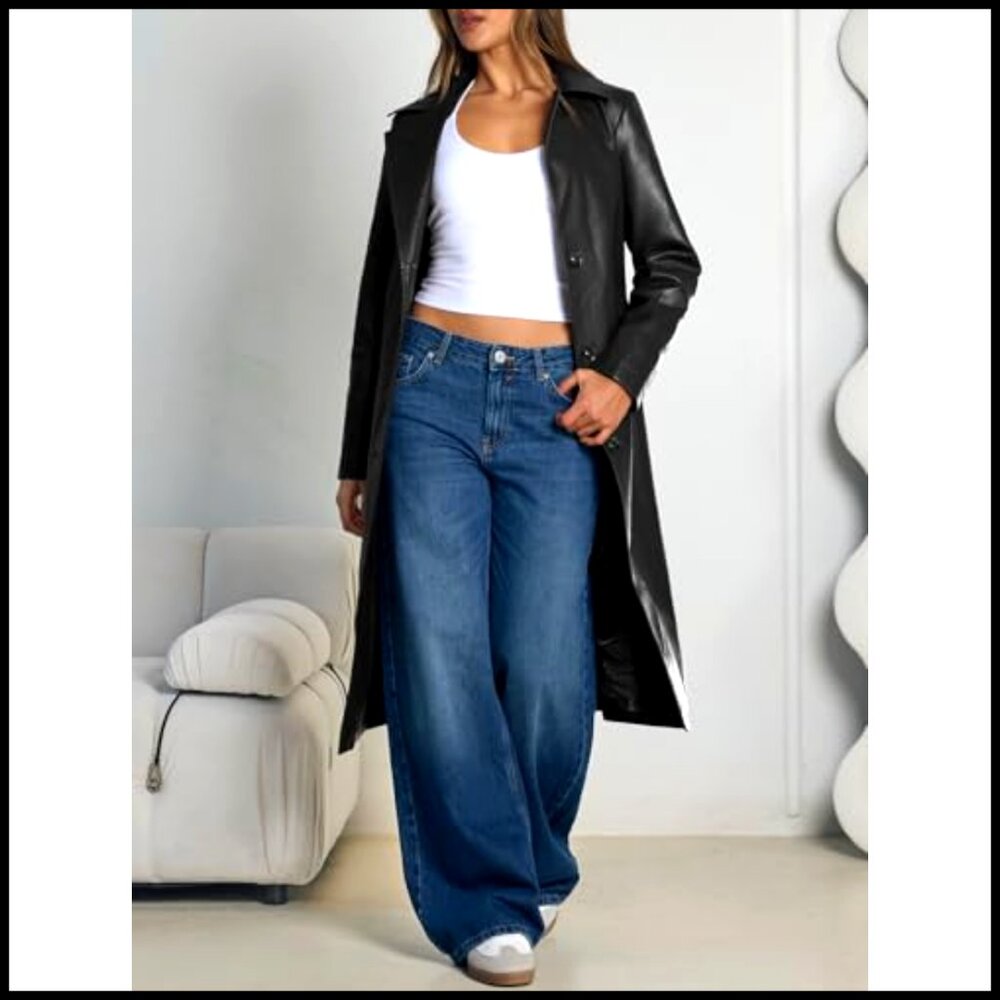 Faux Leather Trench Coat Classic Elegant Open Front Belted Long Jacket - Picture 5 of 6